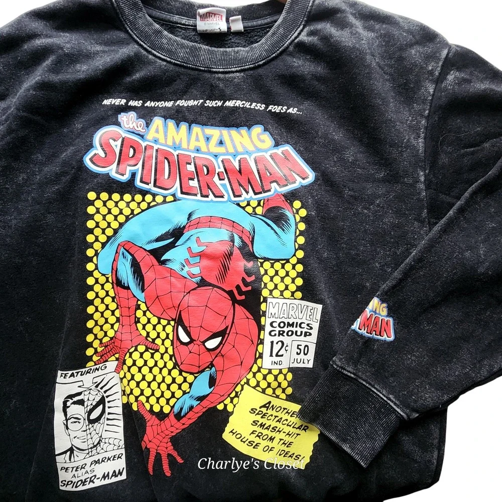 Marvel Spider-Man Black Acid Wash Comic Graphic Sweatshirt‎ M Superhero Grunge